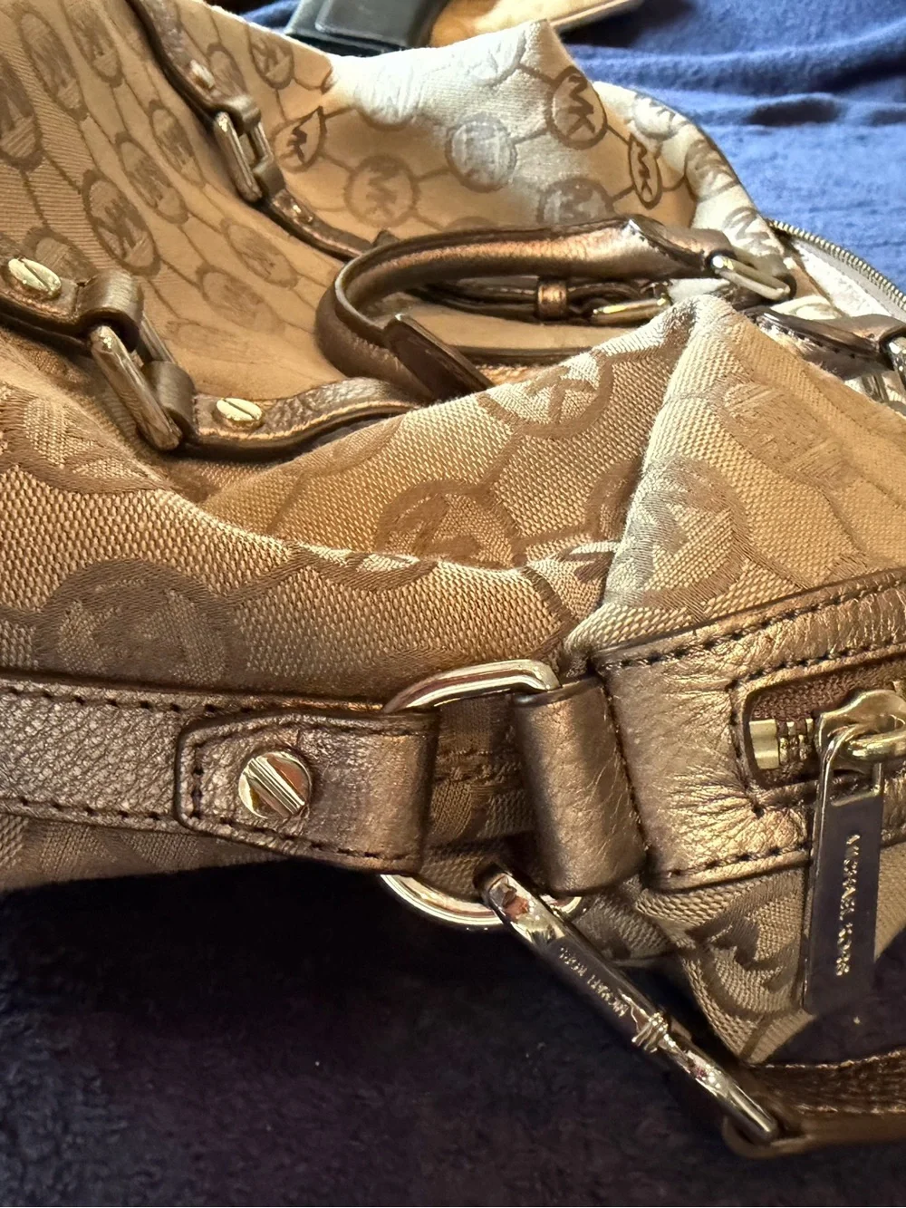 Michael Kors Beige Monogram Satchel with Bronze Trim